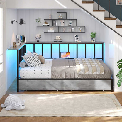 Hasuit | Corner Bed Frame with 2 Storage Drawers Modern Daybed with Charging Station and LED Lights for Kids Teenagers Grey Three Sizes