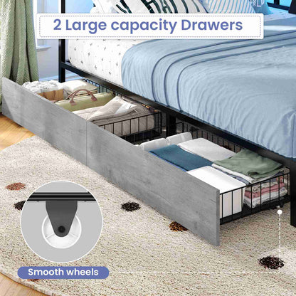 Hasuit | Corner Bed Frame with 2 Storage Drawers Modern Daybed with Charging Station and LED Lights for Kids Teenagers Grey Three Sizes