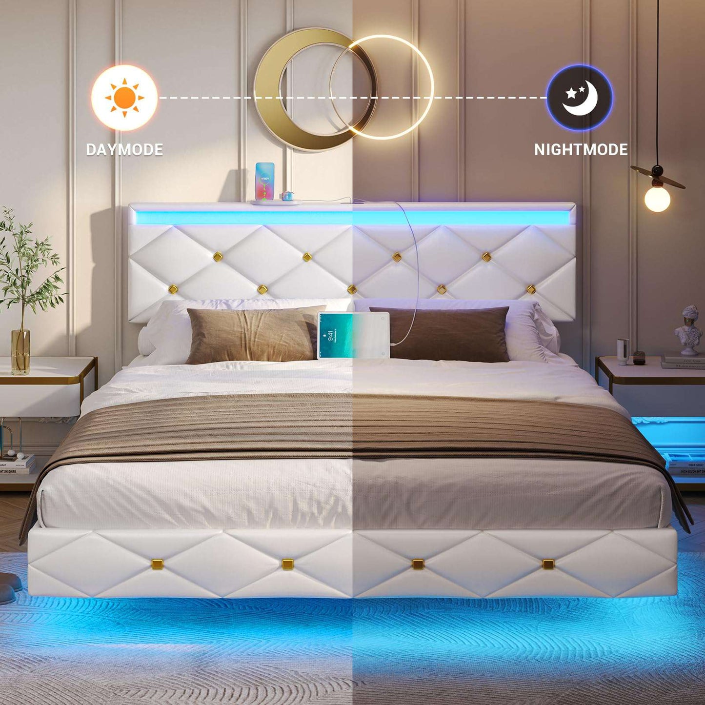 Hasuit | Floating Bed Frame Queen Size with LED Lights and Charging Station Modern Platform Bed with Vegan Leather Upholstered Headboard