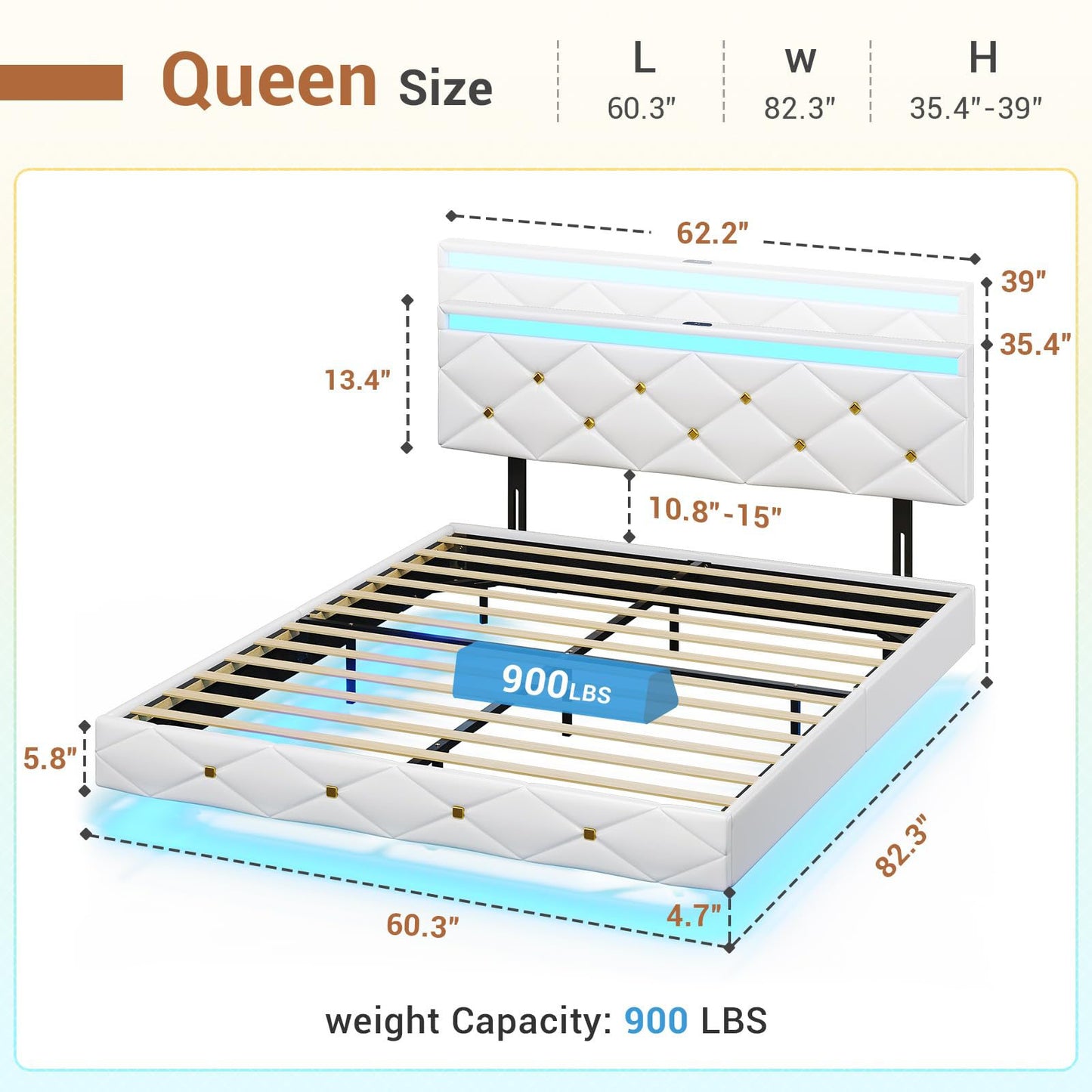 Hasuit | Floating Bed Frame Queen Size with LED Lights and Charging Station Modern Platform Bed with Vegan Leather Upholstered Headboard