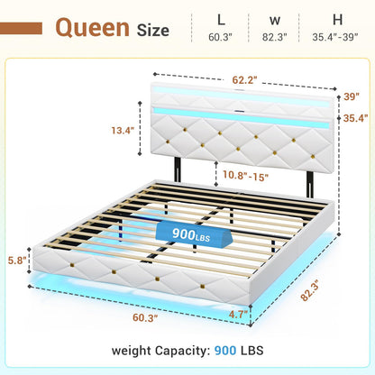 Hasuit | Floating Bed Frame Queen Size with LED Lights and Charging Station Modern Platform Bed with Vegan Leather Upholstered Headboard