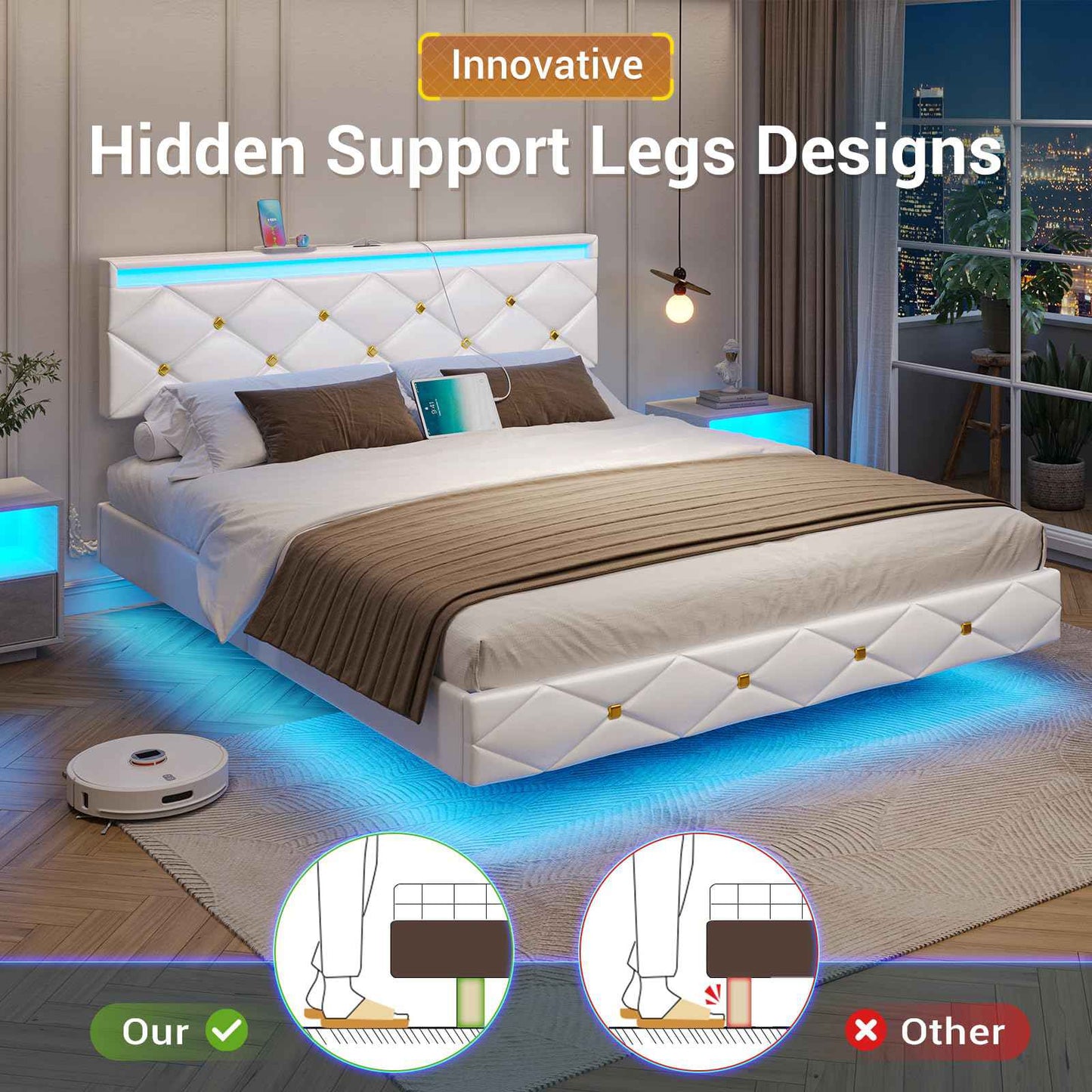 Hasuit | Floating Bed Frame Queen Size with LED Lights and Charging Station Modern Platform Bed with Vegan Leather Upholstered Headboard