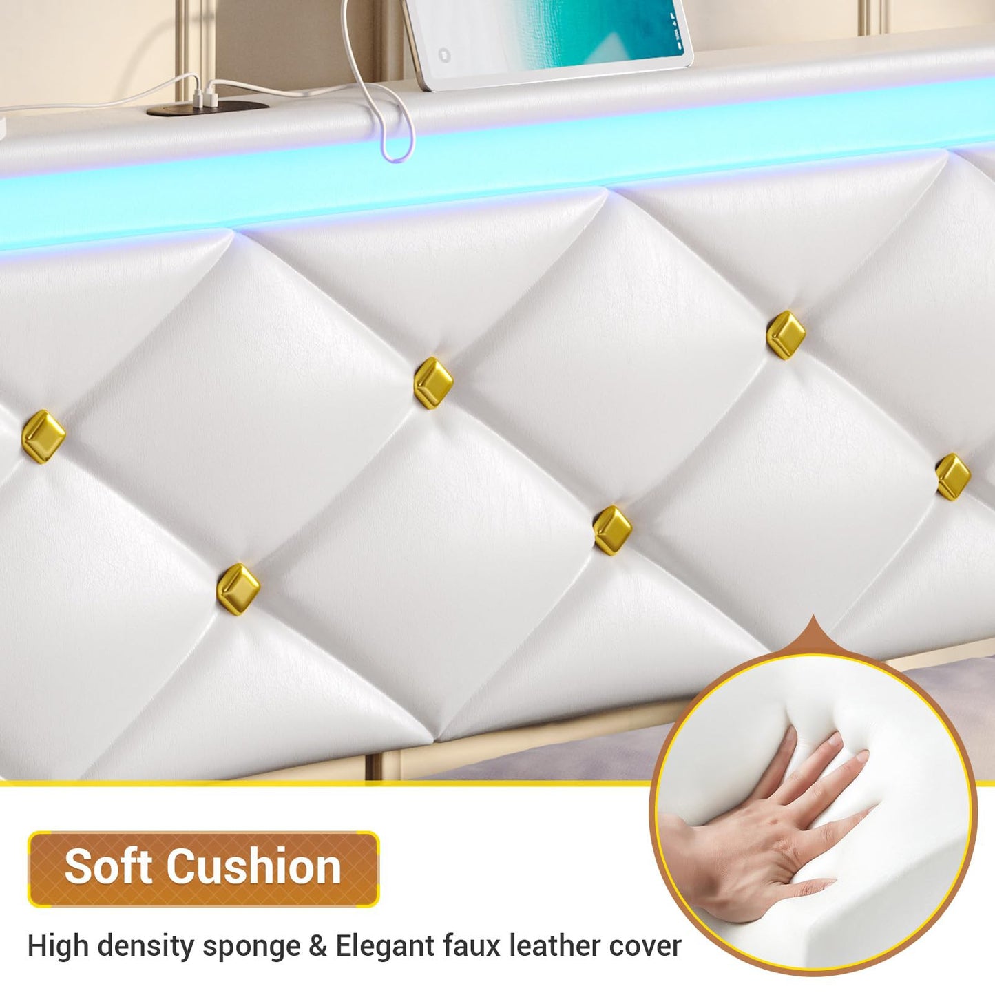 Hasuit | Floating Bed Frame Queen Size with LED Lights and Charging Station Modern Platform Bed with Vegan Leather Upholstered Headboard