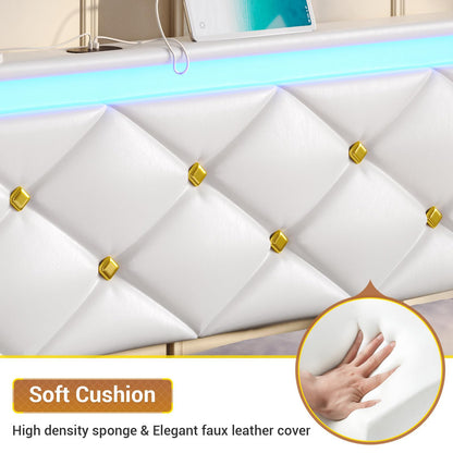 Hasuit | Floating Bed Frame Queen Size with LED Lights and Charging Station Modern Platform Bed with Vegan Leather Upholstered Headboard