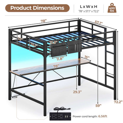 Hasuit | Full Size Metal Loft Bed with Desk LED Lights & Charging Station Loft Bed Includes Safety Guard Rail & Ladder No Box Spring Needed