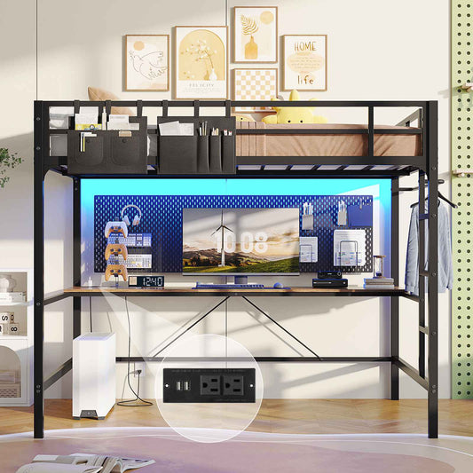 Hasuit | Full Size Metal Loft Bed with Desk LED Lights & Charging Station Loft Bed Includes Safety Guard Rail & Ladder No Box Spring Needed