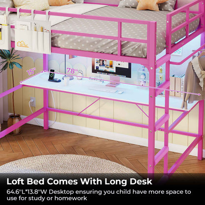 Hasuit | Full Size Metal Loft Bed with Desk LED Lights & Charging Station Loft Bed Includes Safety Guard Rail & Ladder No Box Spring Needed