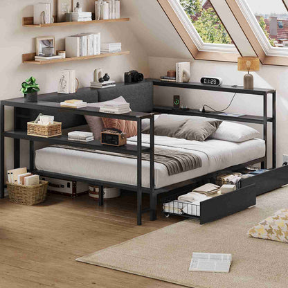 Hasuit | Daybed with Storage Bookcase and Drawers Kids Bedroom Bed Frame Unit with Charging Station Corner Bed Twin / Full Sizes
