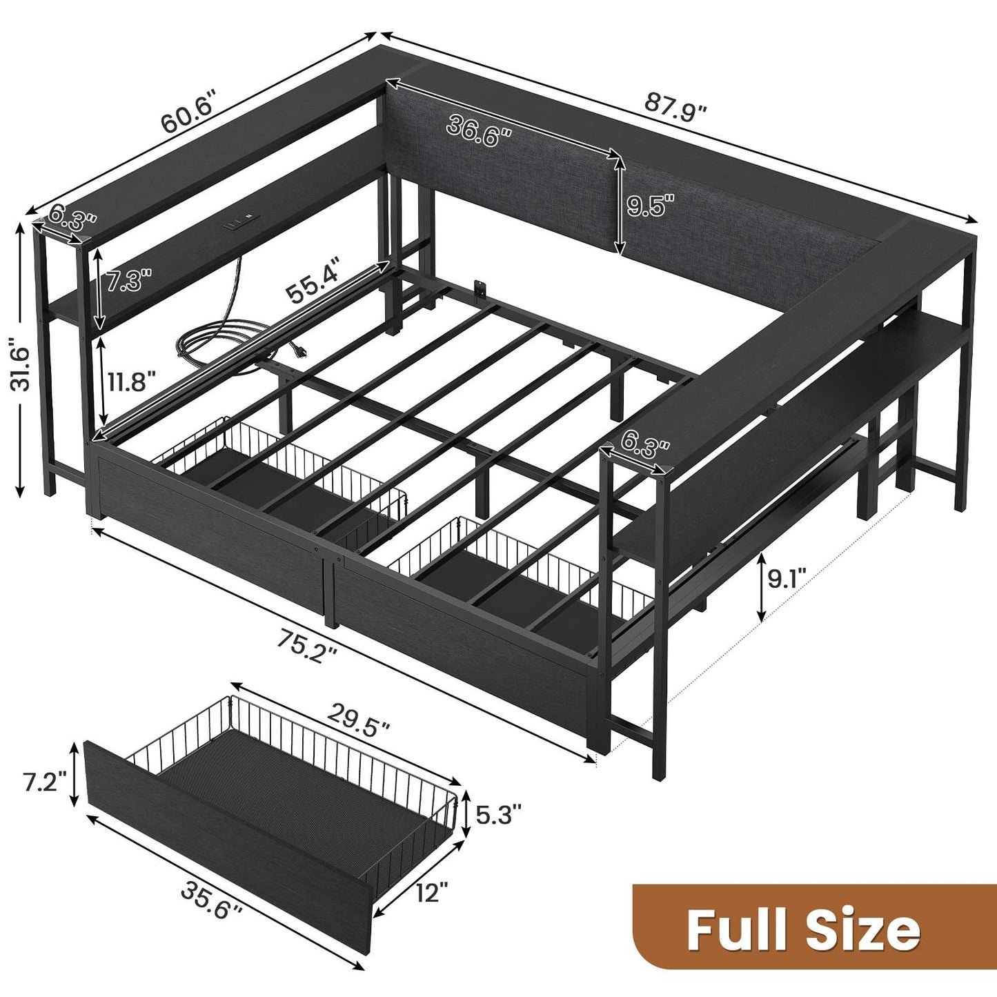 Hasuit | Daybed with Storage Bookcase and Drawers Kids Bedroom Bed Frame Unit with Charging Station Corner Bed Twin / Full Sizes
