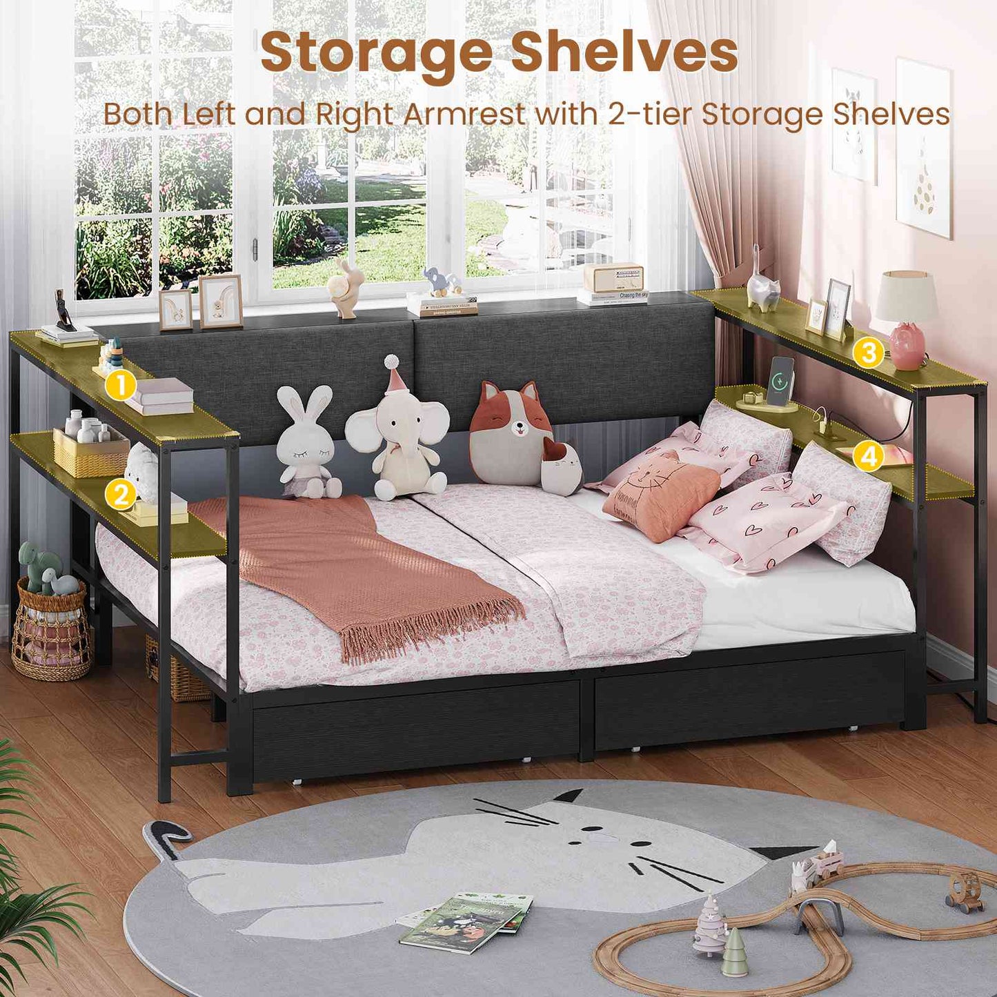 Hasuit | Daybed with Storage Bookcase and Drawers Kids Bedroom Bed Frame Unit with Charging Station Corner Bed Twin / Full Sizes