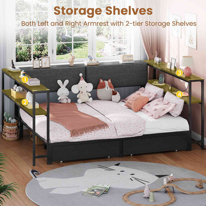 Hasuit | Daybed with Storage Bookcase and Drawers Kids Bedroom Bed Frame Unit with Charging Station Corner Bed Twin / Full Sizes
