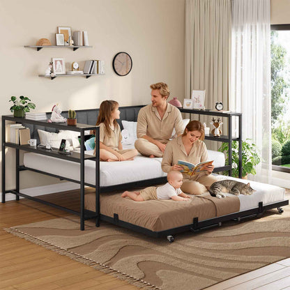 Hasuit | Daybed with Trundle and Charging Station Heavy Duty Metal Day Bed with Upholstered Backrest & Storage Shelves Black Two Sizes