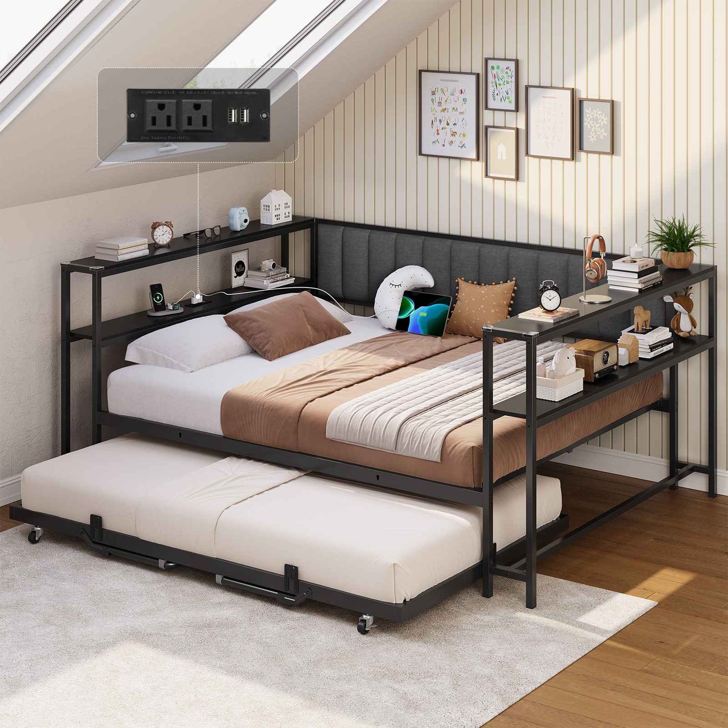 Hasuit | Daybed with Trundle and Charging Station Heavy Duty Metal Day Bed with Upholstered Backrest & Storage Shelves Black Two Sizes