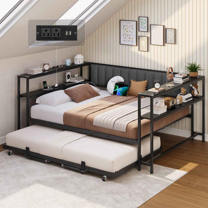 Hasuit | Daybed with Trundle and Charging Station Heavy Duty Metal Day Bed with Upholstered Backrest & Storage Shelves Black Two Sizes