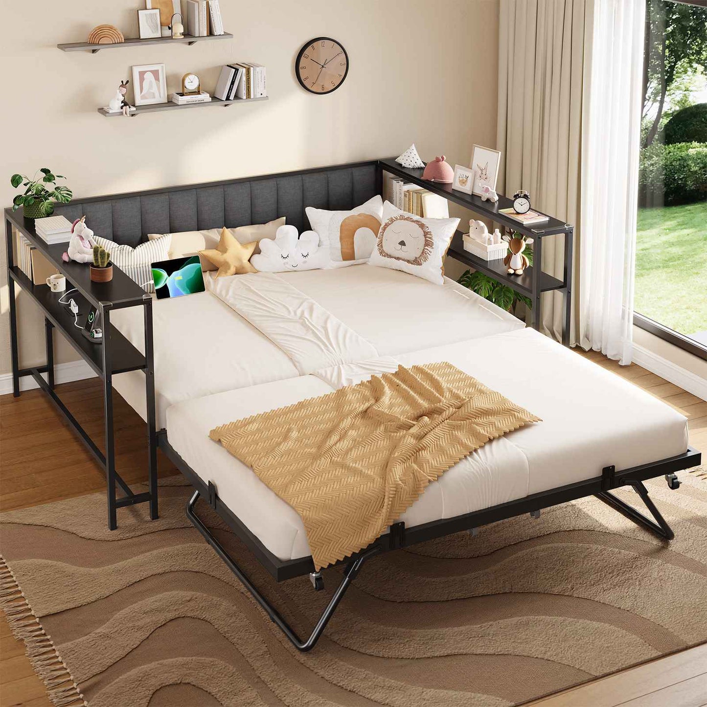 Hasuit | Daybed with Trundle and Charging Station Heavy Duty Metal Day Bed with Upholstered Backrest & Storage Shelves Black Two Sizes