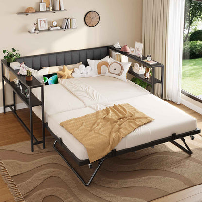 Hasuit | Daybed with Trundle and Charging Station Heavy Duty Metal Day Bed with Upholstered Backrest & Storage Shelves Black Two Sizes