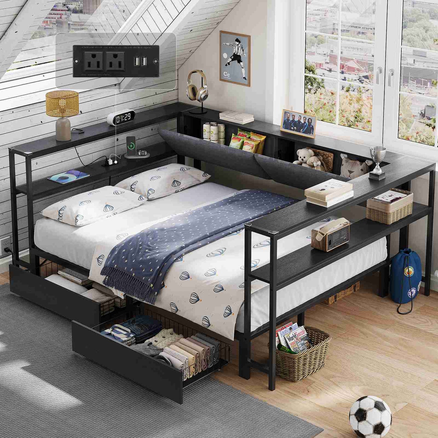 Hasuit | Daybed with Storage Bookcase and Drawers Kids Bedroom Bed Frame Unit with Charging Station Corner Bed Twin / Full Sizes