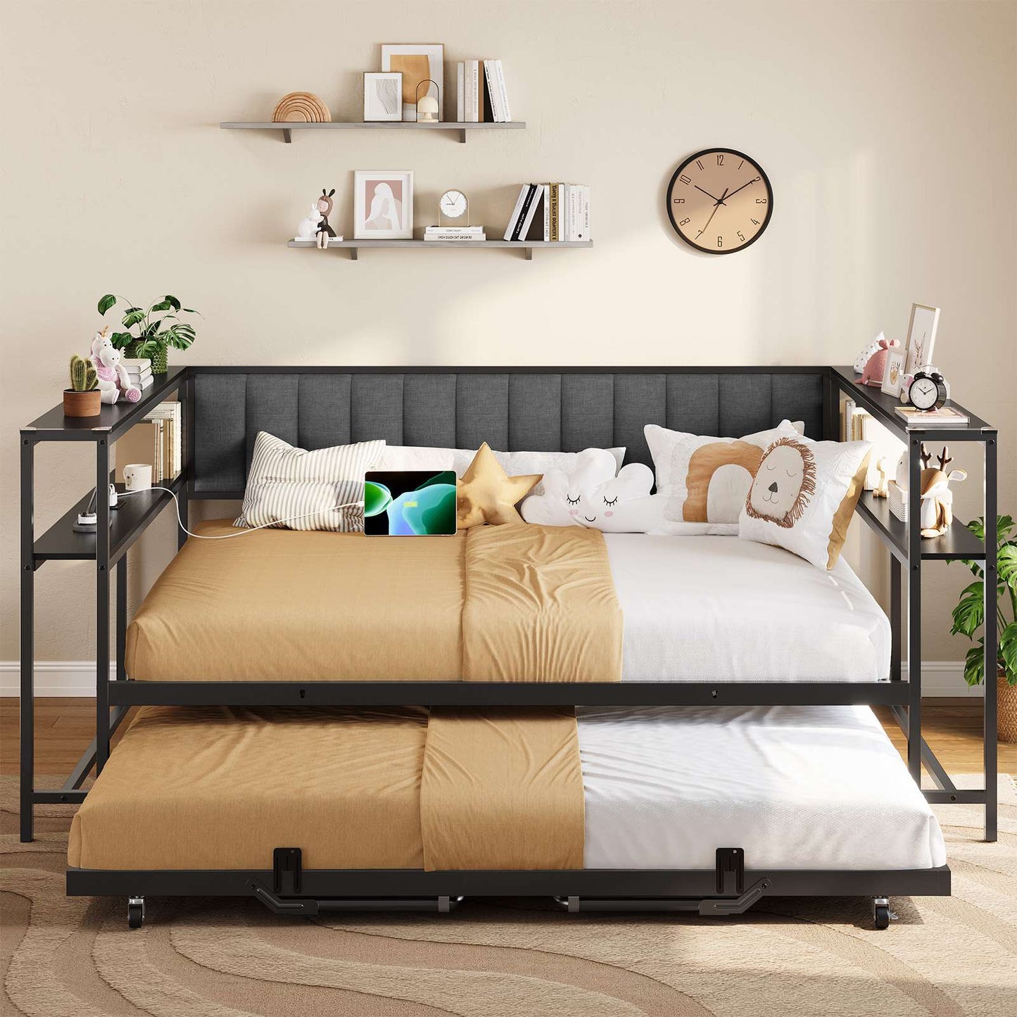 Hasuit | Daybed with Trundle and Charging Station Heavy Duty Metal Day Bed with Upholstered Backrest & Storage Shelves Black Two Sizes