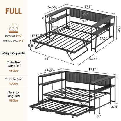 Hasuit | Daybed with Trundle and Charging Station Heavy Duty Metal Day Bed with Upholstered Backrest & Storage Shelves Black Two Sizes