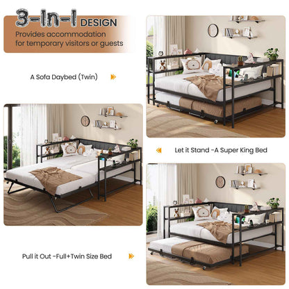 Hasuit | Daybed with Trundle and Charging Station Heavy Duty Metal Day Bed with Upholstered Backrest & Storage Shelves Black Two Sizes