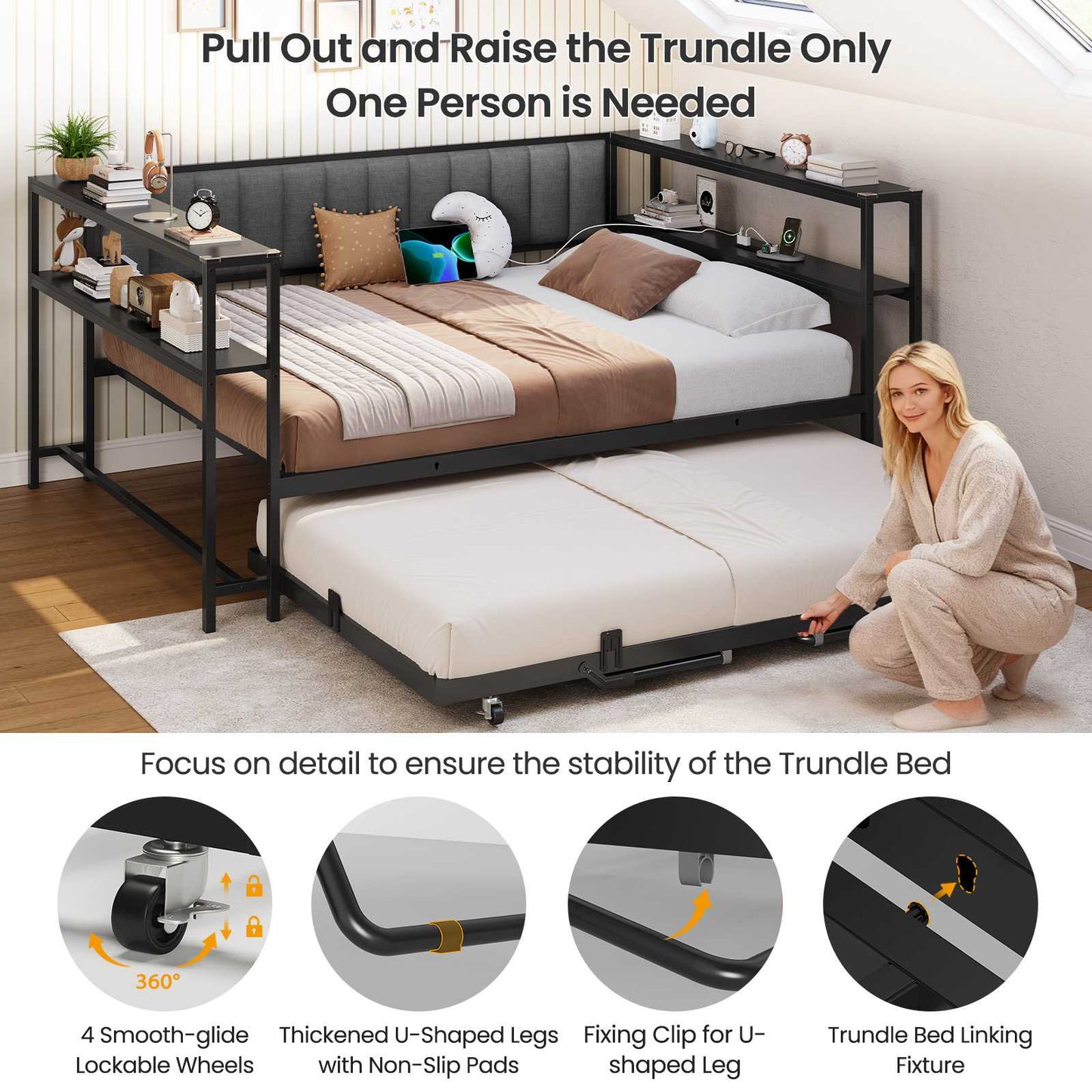 Hasuit | Daybed with Trundle and Charging Station Heavy Duty Metal Day Bed with Upholstered Backrest & Storage Shelves Black Two Sizes