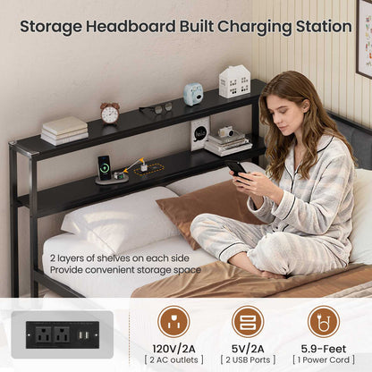 Hasuit | Daybed with Trundle and Charging Station Heavy Duty Metal Day Bed with Upholstered Backrest & Storage Shelves Black Two Sizes