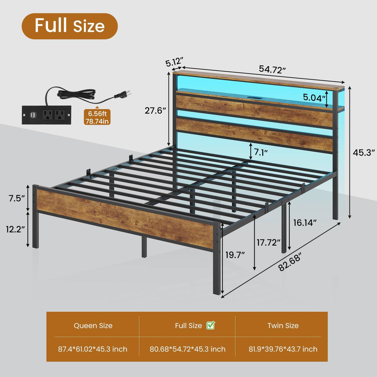 Hasuit | Bed Frame with Headboard Storage Shelves LED Bed Frame with Charging Station Metal Platform Bed Twin Full Queen Three Sizes