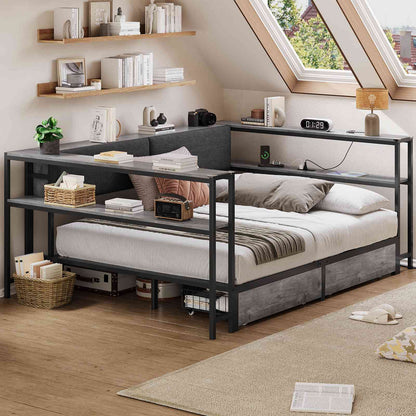 Hasuit | Daybed with Storage Bookcase and Drawers Kids Bedroom Bed Frame Unit with Charging Station Corner Bed Twin / Full Sizes Grey