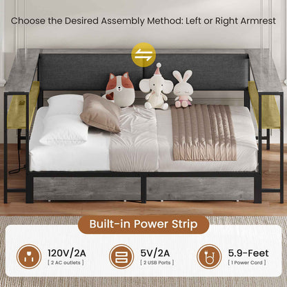 Hasuit | Daybed with Storage Bookcase and Drawers Kids Bedroom Bed Frame Unit with Charging Station Corner Bed Twin / Full Sizes Grey