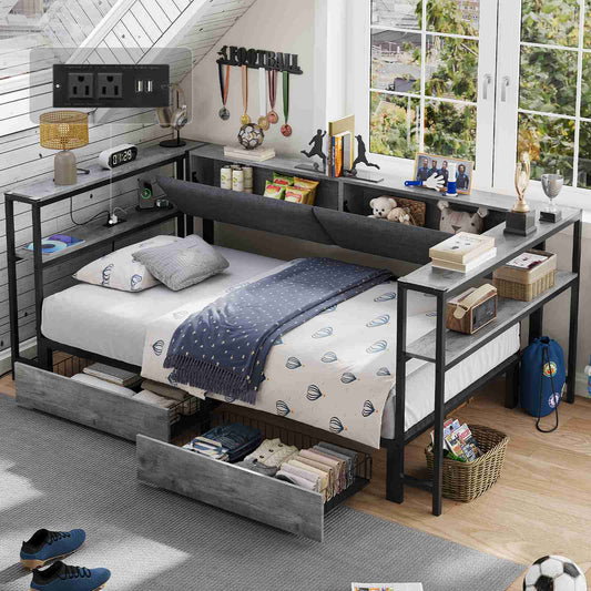 Hasuit | Daybed with Storage Bookcase and Drawers Kids Bedroom Bed Frame Unit with Charging Station Corner Bed Twin / Full Sizes Grey