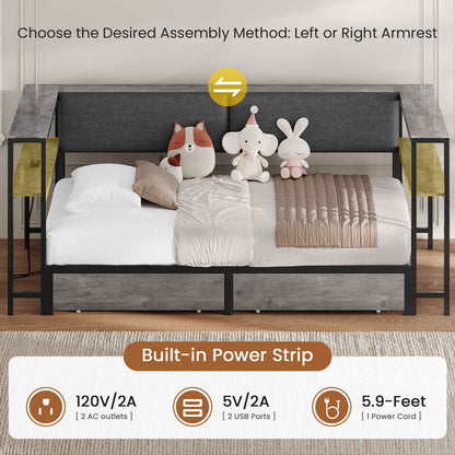 Hasuit | Daybed with Storage Bookcase and Drawers Kids Bedroom Bed Frame Unit with Charging Station Corner Bed Twin / Full Sizes Grey