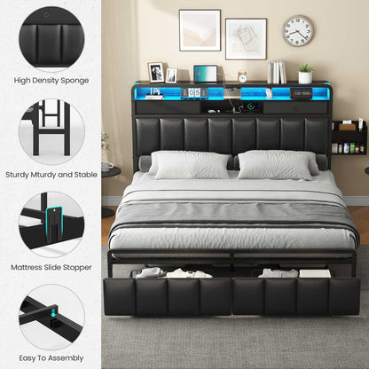 Hasuit | Bed Frame with Storage Drawers Upholstered Headboard with Hidden Storage Shelf LED Lights and Charging Station Queen King Two Sizes