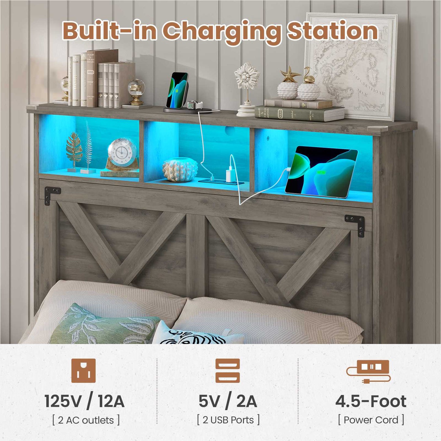 Hasuit | Farmhouse Bed Frame Twin Size with Storage Headboard Charging Station and LED Light Wooden Twin Bed Frame with Storage Ottoman