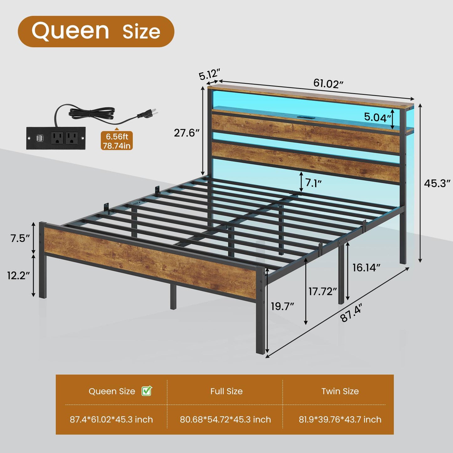 Hasuit | Bed Frame with Headboard Storage Shelves LED Bed Frame with Charging Station Metal Platform Bed Twin Full Queen Three Sizes