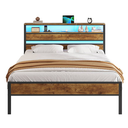 Hasuit | Bed Frame with Headboard Storage Shelves LED Bed Frame with Charging Station Metal Platform Bed Twin Full Queen Three Sizes
