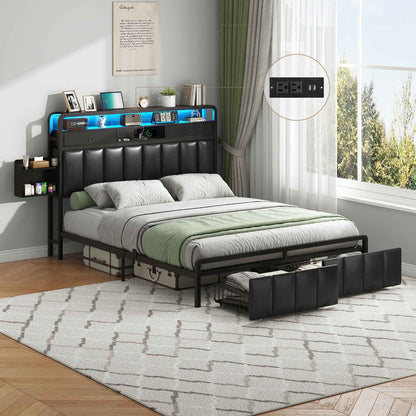 Hasuit | Bed Frame with Storage Drawers Upholstered Headboard with Hidden Storage Shelf LED Lights and Charging Station Queen King Two Sizes