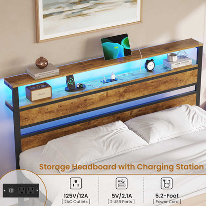 Hasuit | Bed Frame with Headboard Storage Shelves LED Bed Frame with Charging Station Metal Platform Bed Twin Full Queen Three Sizes