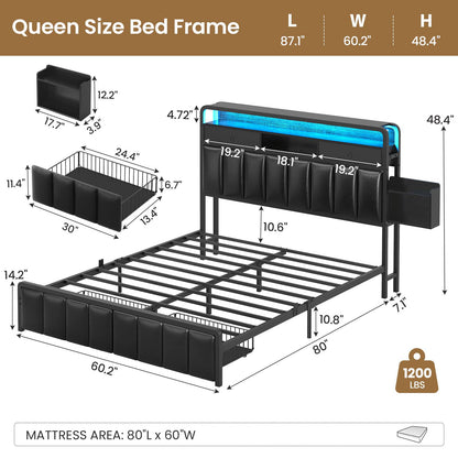 Hasuit | Bed Frame with Storage Drawers Upholstered Headboard with Hidden Storage Shelf LED Lights and Charging Station Queen King Two Sizes