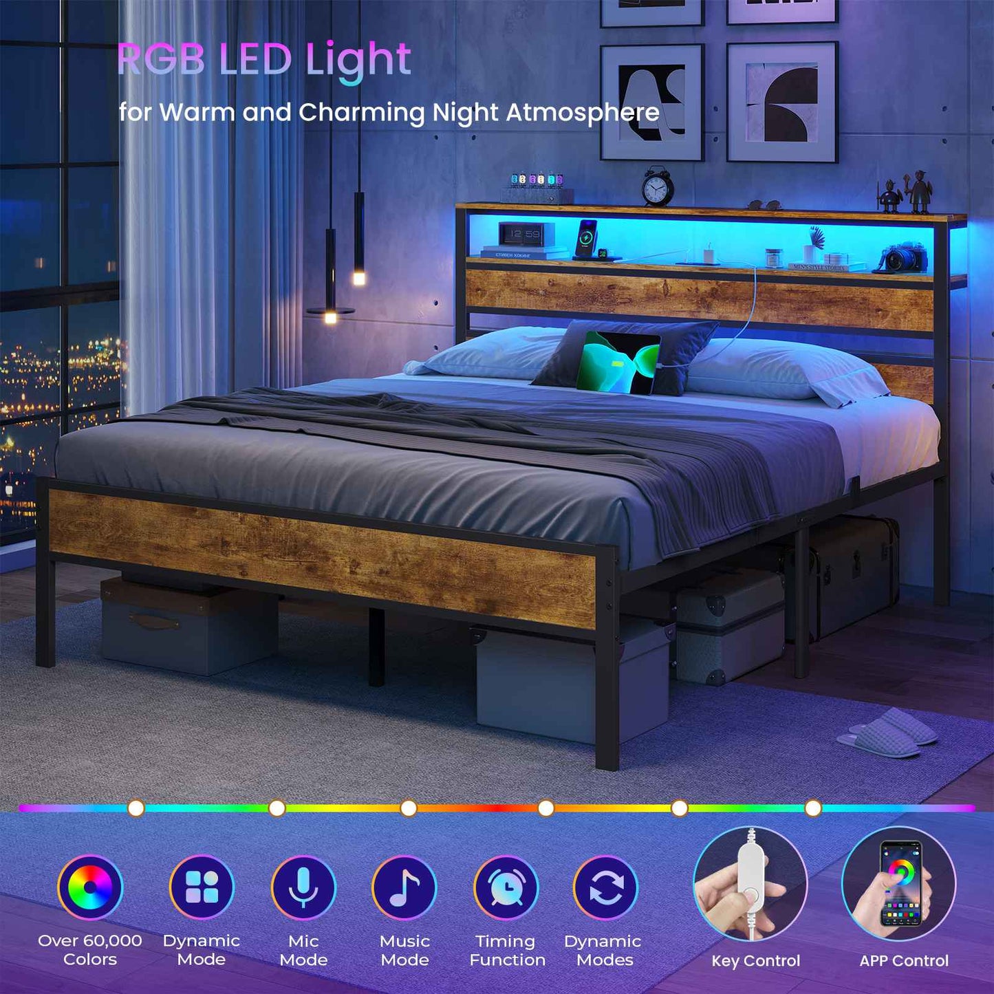 Hasuit | Bed Frame with Headboard Storage Shelves LED Bed Frame with Charging Station Metal Platform Bed Twin Full Queen Three Sizes