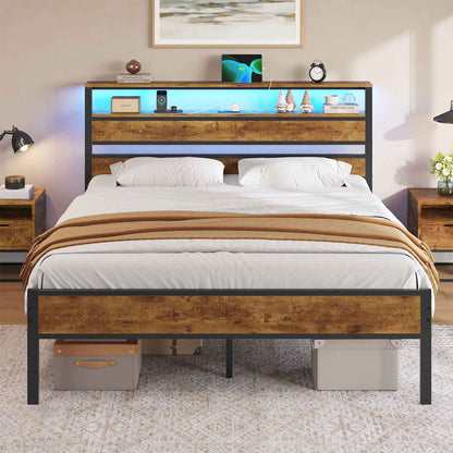 Hasuit | Bed Frame with Headboard Storage Shelves LED Bed Frame with Charging Station Metal Platform Bed Twin Full Queen Three Sizes
