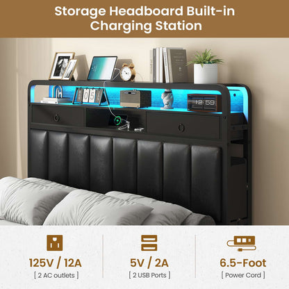 Hasuit | Bed Frame with Storage Drawers Upholstered Headboard with Hidden Storage Shelf LED Lights and Charging Station Queen King Two Sizes