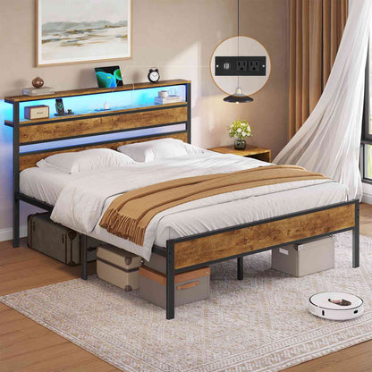 Hasuit | Bed Frame with Headboard Storage Shelves LED Bed Frame with Charging Station Metal Platform Bed Twin Full Queen Three Sizes