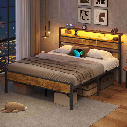 Hasuit | Bed Frame with Headboard Storage Shelves LED Bed Frame with Charging Station Metal Platform Bed Twin Full Queen Three Sizes