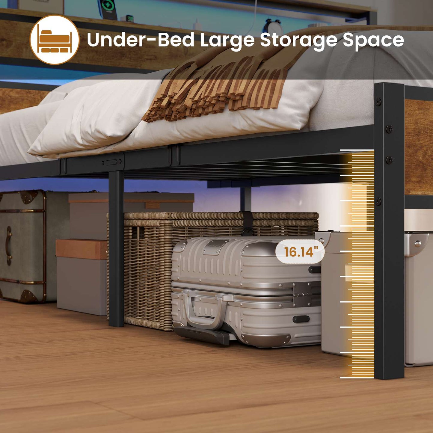 Hasuit | Bed Frame with Headboard Storage Shelves LED Bed Frame with Charging Station Metal Platform Bed Twin Full Queen Three Sizes