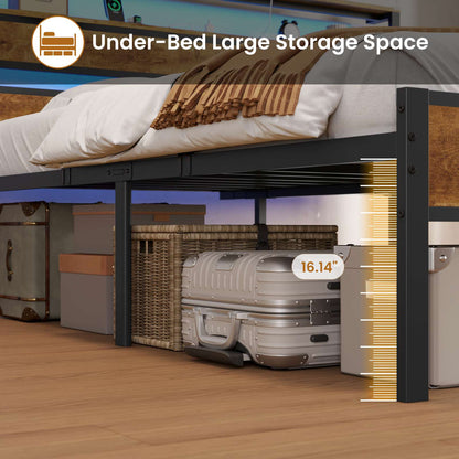 Hasuit | Bed Frame with Headboard Storage Shelves LED Bed Frame with Charging Station Metal Platform Bed Twin Full Queen Three Sizes