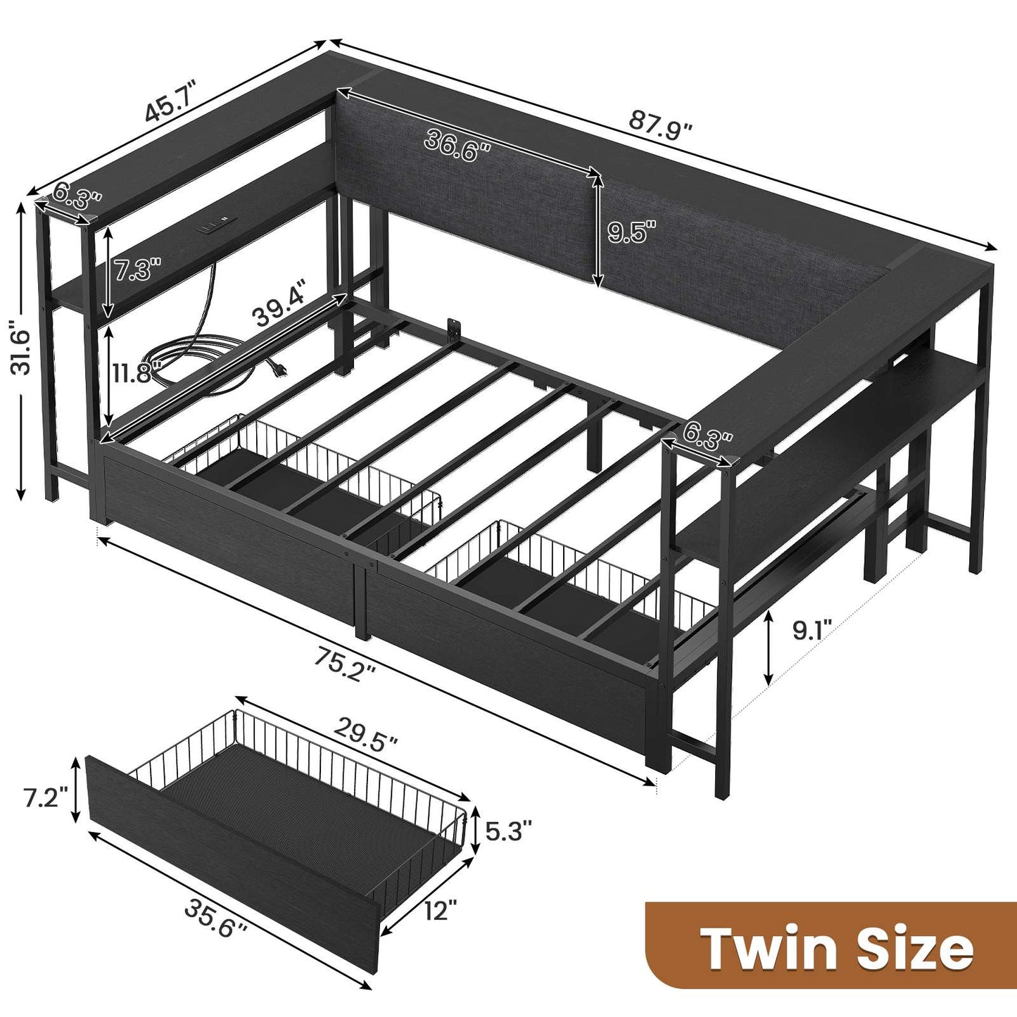 Hasuit | Daybed with Storage Bookcase and Drawers Kids Bedroom Bed Frame Unit with Charging Station Corner Bed Twin / Full Sizes