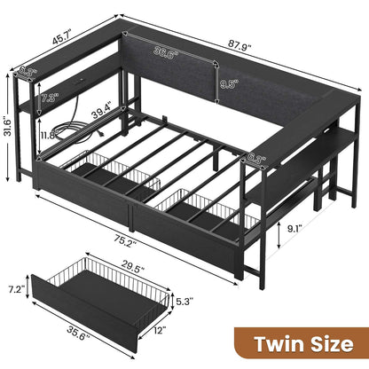 Hasuit | Daybed with Storage Bookcase and Drawers Kids Bedroom Bed Frame Unit with Charging Station Corner Bed Twin / Full Sizes