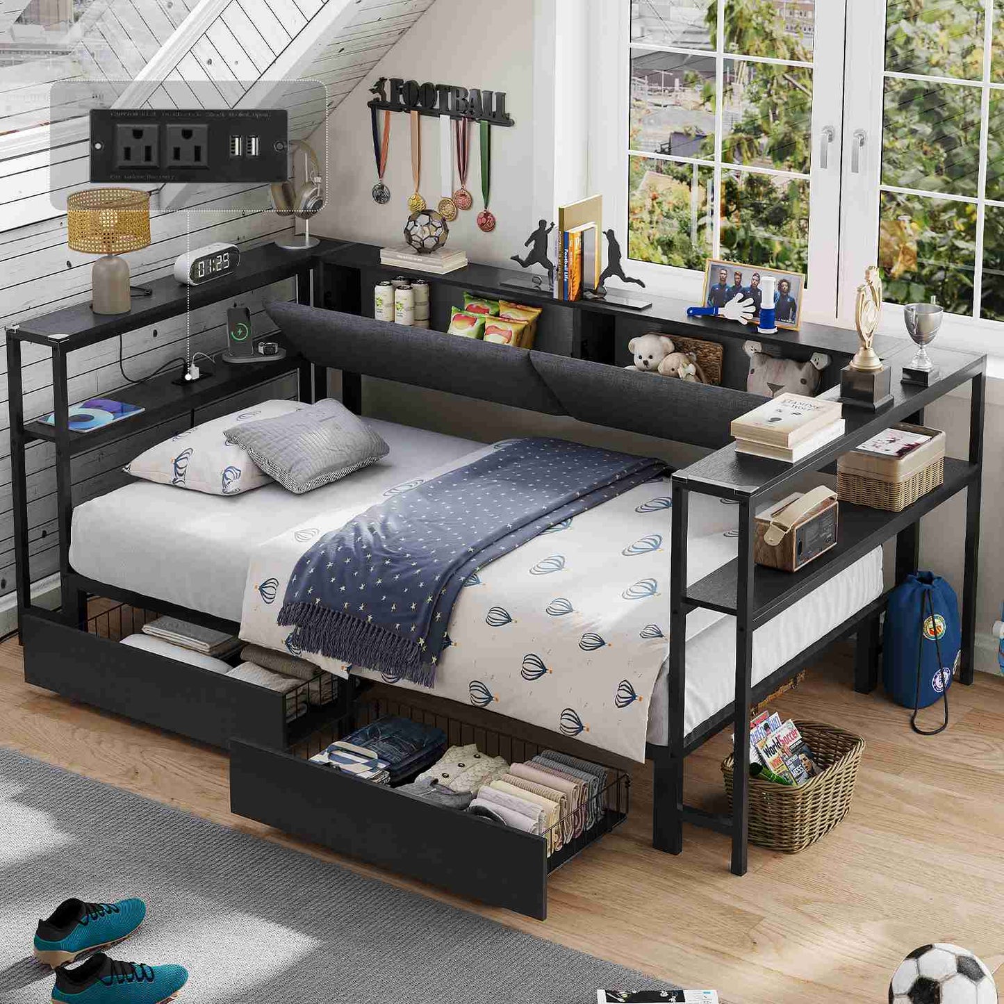 Hasuit | Daybed with Storage Bookcase and Drawers Kids Bedroom Bed Frame Unit with Charging Station Corner Bed Twin / Full Sizes