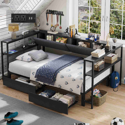 Hasuit | Daybed with Storage Bookcase and Drawers Kids Bedroom Bed Frame Unit with Charging Station Corner Bed Twin / Full Sizes