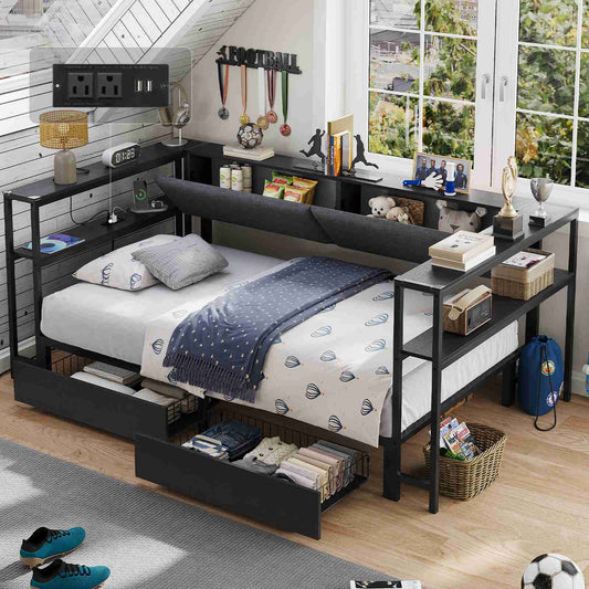 Hasuit | Daybed with Storage Bookcase and Drawers Kids Bedroom Bed Frame Unit with Charging Station Corner Bed Twin / Full Sizes